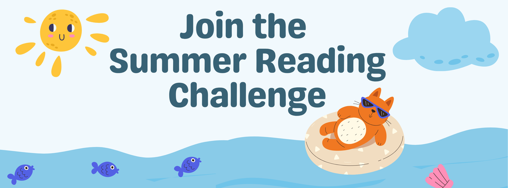 Summer reading challenge text with chilling cat at the beach with sun
