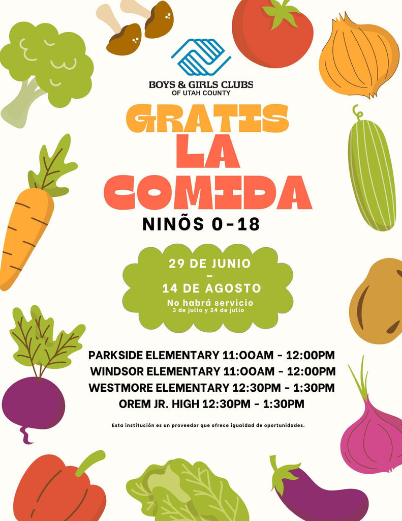 free meals for kids ages 0-18 through boys and girls club from June 29-August 14 from 12:30-1:30