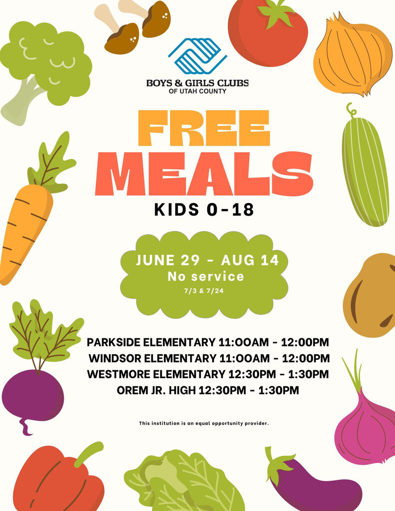 free meals for kids ages 0-18 through boys and girls club from June 29-August 14 from 12:30-1:30