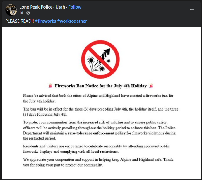 No Fireworks symbol with details about enforcement of the fireworks ban