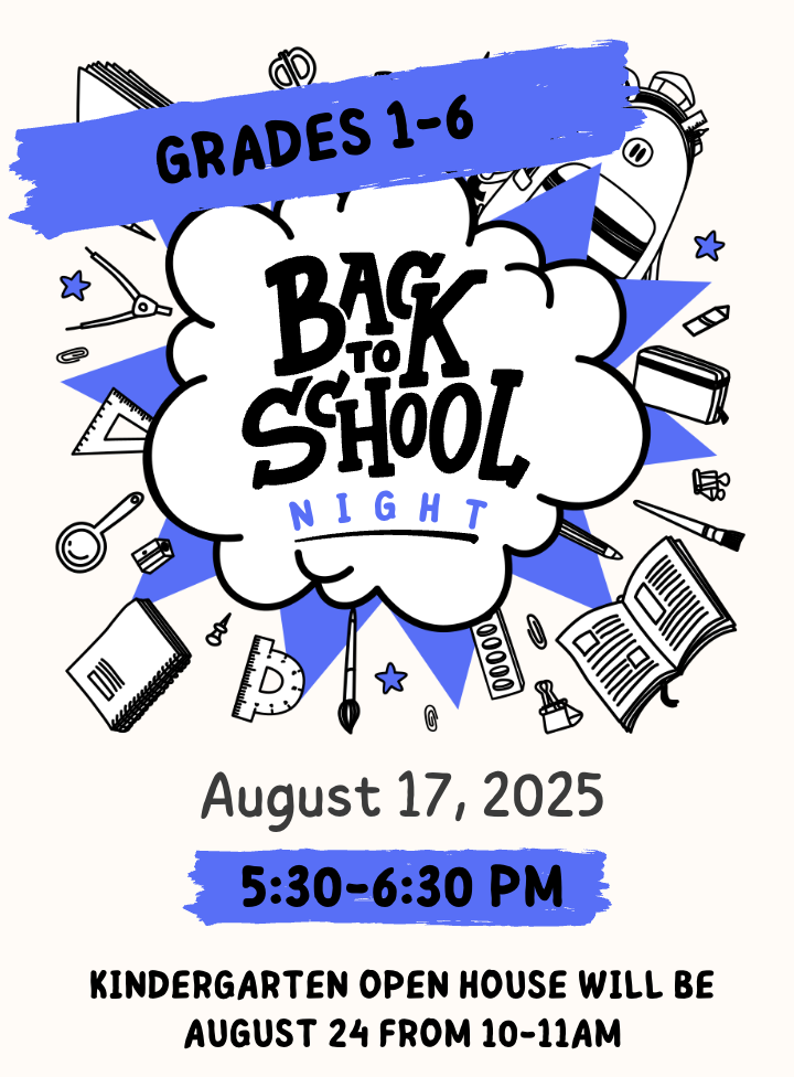 Image of school supplies illustrations with information about Sage Hills' Back to School Open House
