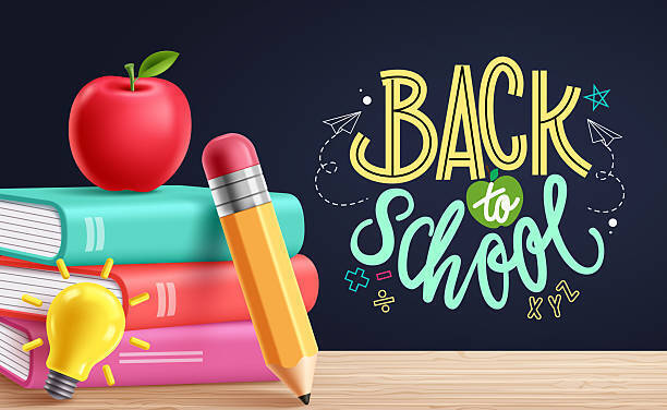 Chalk board back to school with books pencil and apple 