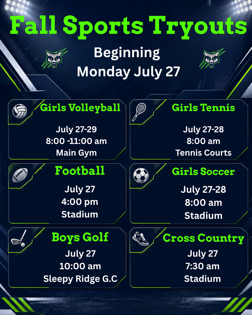 Timpanogos High School fall sports tryouts begin Monday, July 27. Girls volleyball: July 27–29, 8:00–11:00 a.m. in the main gym. Girls tennis: July 27–28 at 8:00 a.m. on the tennis courts. Football: July 27 at 4:00 p.m. in the stadium. Girls soccer: July 27–28 at 8:00 a.m. in the stadium. Boys golf: July 27 at 10:00 a.m. at Sleepy Ridge Golf Course. Cross country: July 27 at 7:30 a.m. in the stadium. Graphic uses navy, white, and bright green with T-Wolf logos and sport icons.