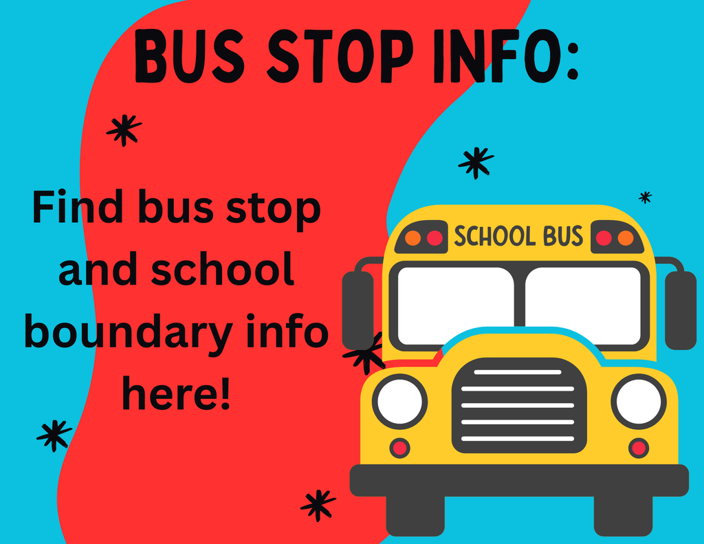 School bus image with info about directing users to district website for bus route and school boundary info