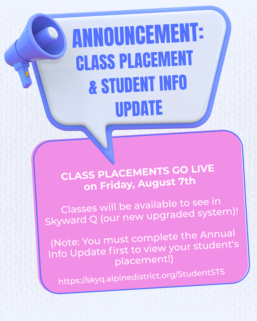 CLASS LISTS GO LIVE! 🎒 Friday, August 7th  Class lists & schedules will be available in Skyward Q (our new upgraded system)!  (Note: You must complete the Annual Info Update first to view your student's placement!)  LinK: skyq.alpinedistrict.org/StudentsSTS