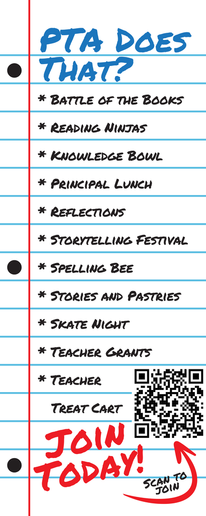 Notebook paper with list of ways PTA supports the school,