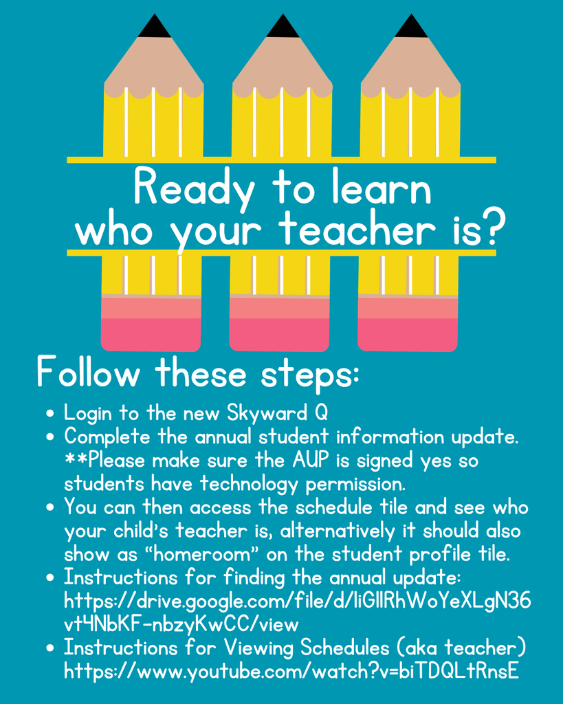 blue background with pencils and instructions to find your teacher