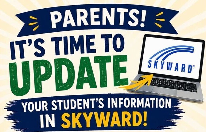 Banner saying Parents it's time to update Skyward with a computer laptop on the right side