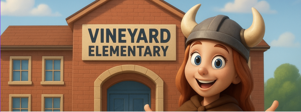 a cartoon image of a girl wearing a viking hat standing in front of Vineyard Elementary.