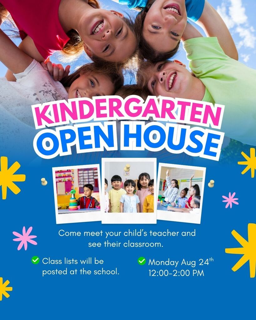 Kids leaning over in huddle. Three pictures of kids at school. Kindergarten open house.  Come meet your child's teacher and see their classroom.  Class lists will be posted at school. Monday Aug 24th 12:00-2:00 p.m.