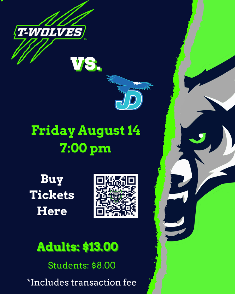 Timpanogos T-Wolves football game-day graphic for the game against Juan Diego on Friday, August 14, at 7:00 p.m. This is an endowment game, so everyone must purchase admission, including THS students. Tickets are $13 for adults and $8 for students, with all transaction fees included. A QR code is provided to purchase tickets. The graphic uses navy, neon green, white, and gray with the T-Wolves and Juan Diego logos.