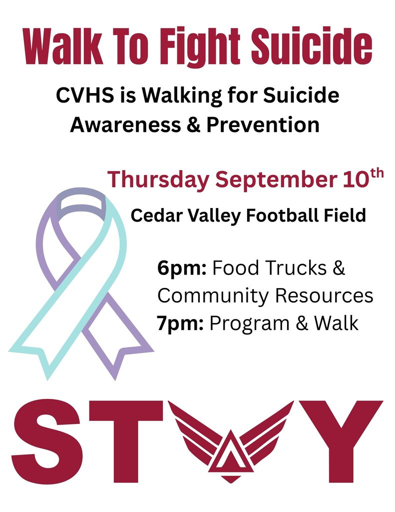 Flyer that describes the CVHS Walk To Fight Suicide on Thursday, Sept. 10 at 7 pm