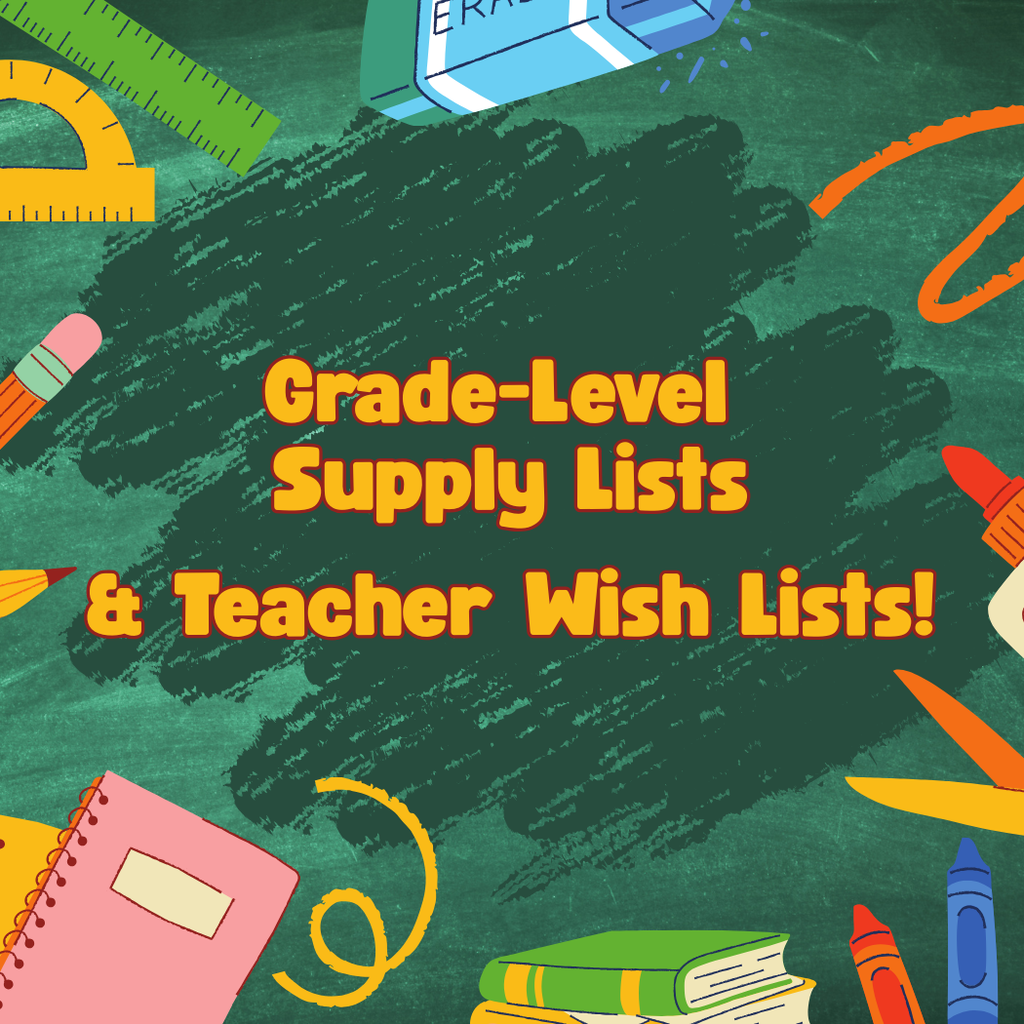 School supplies on a chalkboard background with the text grade-level supply lists and teacher wish lists