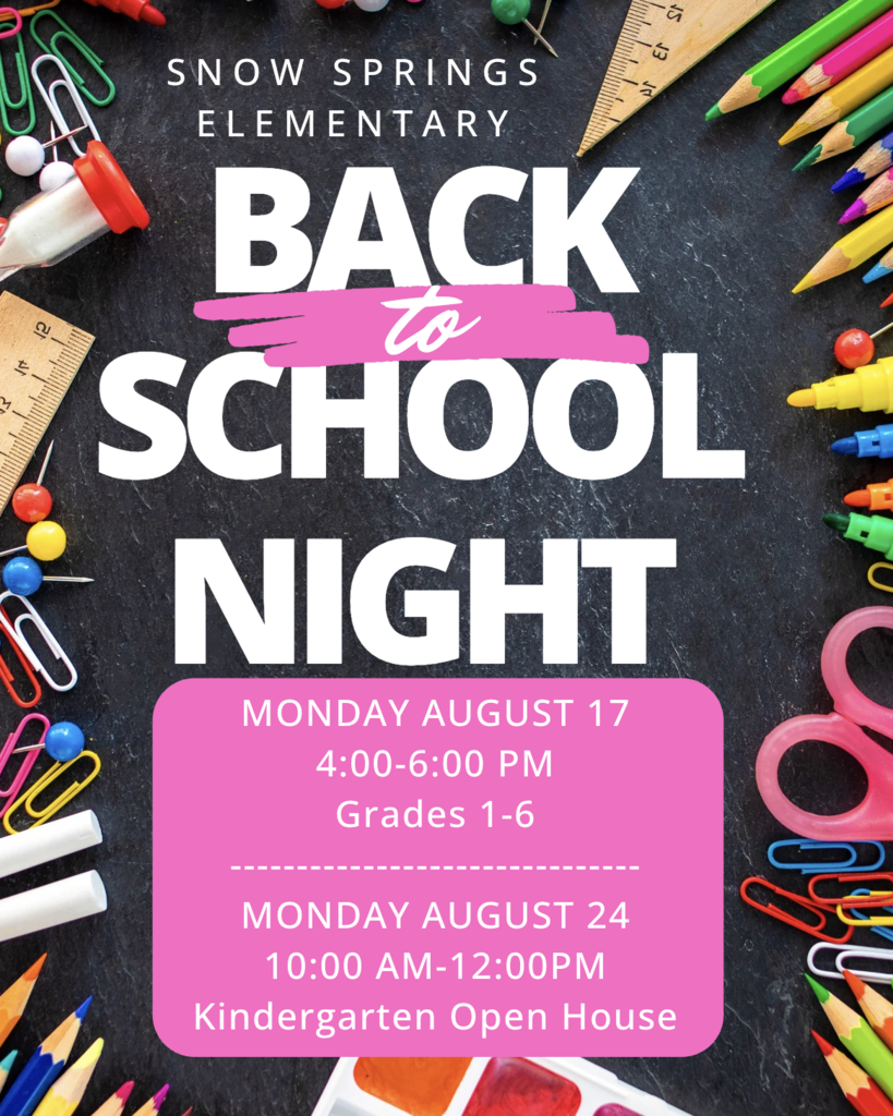 It is a blackboard background with colorful school supplies around the outside.  White lettering is backed with a pink background. 
