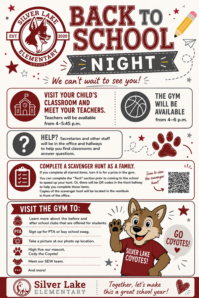 Back to School night is August 17th from 4-6 p.m. Visit teachers in classrooms until 5:45 p.m. Head to the gym to learn about clubs, community outreach, photo opportunities, and more until 6 p.m.