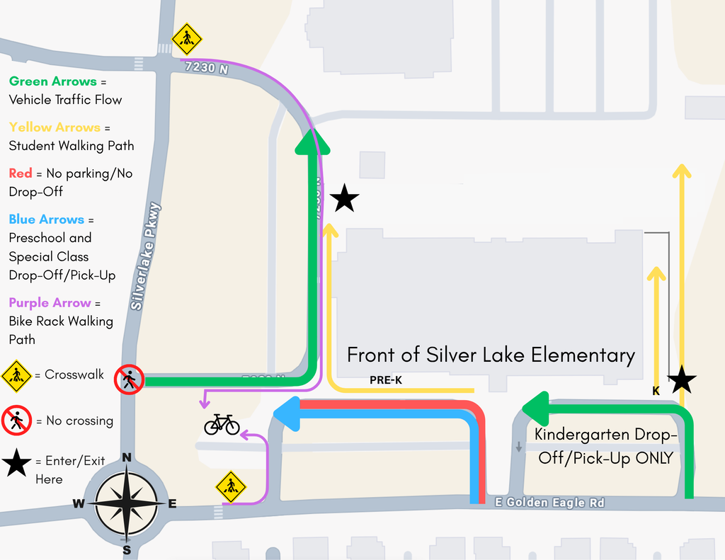 The southeast loop is for kindergarten only. The southwest loop is primarily for special class and preschool. The west pull through is for all drop offs.