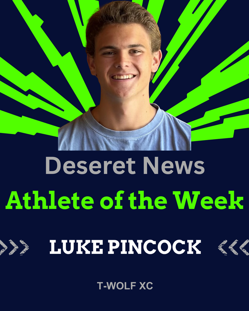 Timpanogos cross country athlete Luke Pincock, smiling against a navy-and-neon-green graphic announcing his selection as the Deseret News Athlete of the Week. Luke won the Pre-Region 8 race at Scera Park with a time of 16:58.1.
