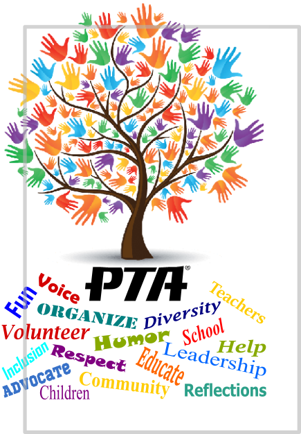 PTA Graphic of a tree with multicolored hands and words below that summarize the PTA experience