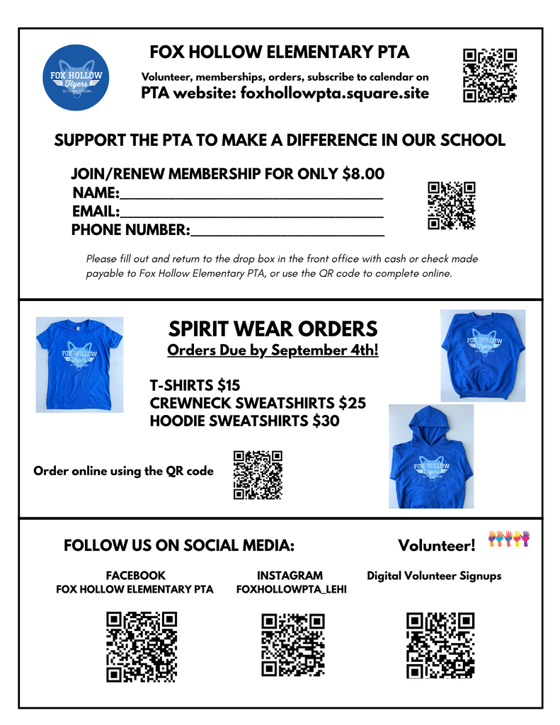 flyer with pictures of blue t-shirt and sweatshirts with foxes on them