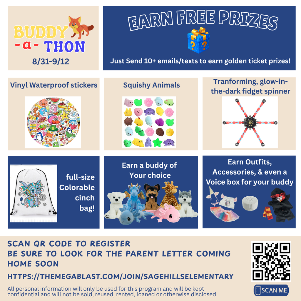 Image of the prizes available from our Buddy-a-Thon fundraiser.