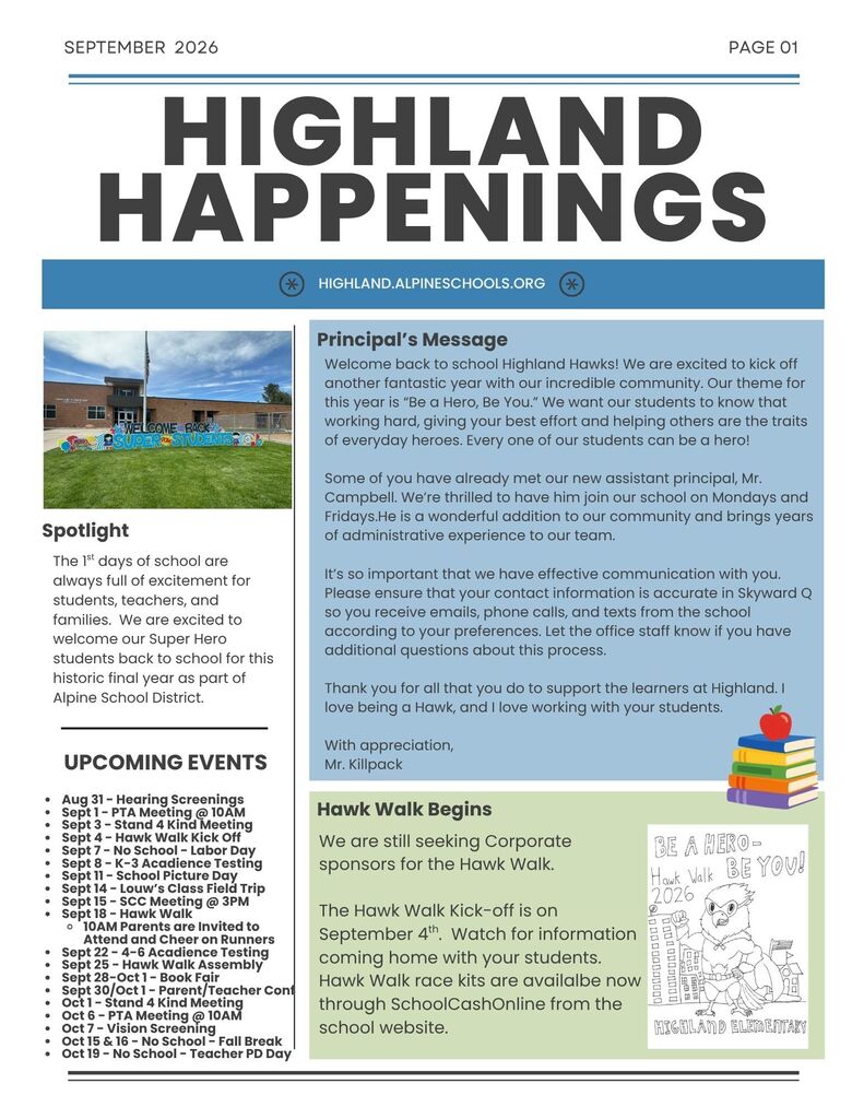 Front page of Highland Happenings newsletter, image of school and hawk walk