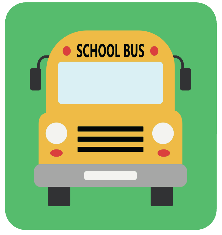 Green background with a yellow school bus with black tires and mirrors facing forward in the middle.