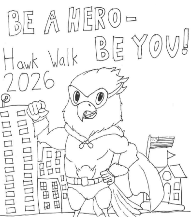 Hawk hero in front of buildings