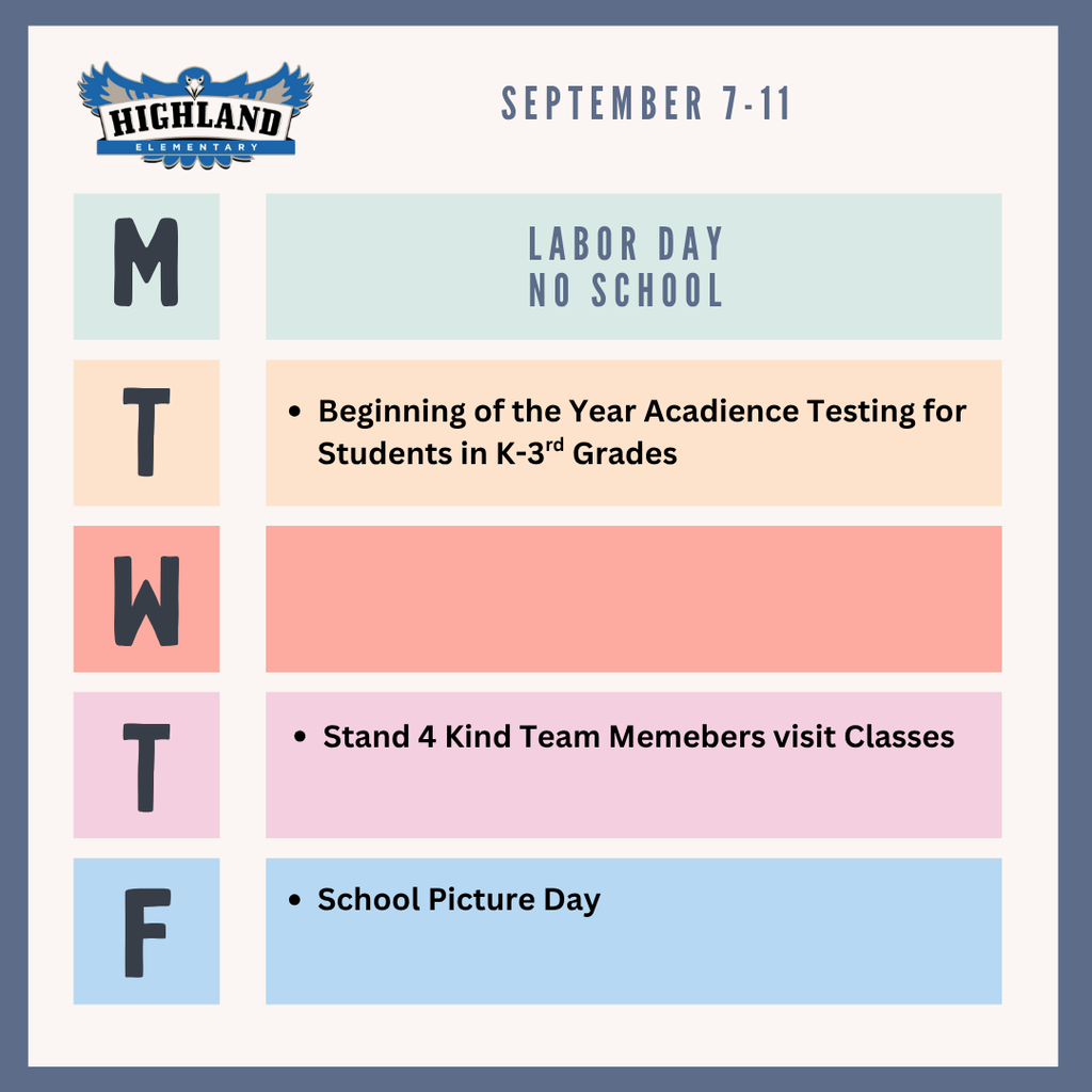 Colorful weekly calendar of events