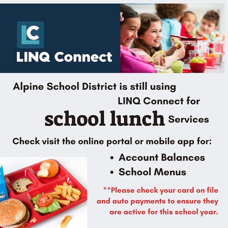 students eating school lunch, school lunch tray, text about linq connect