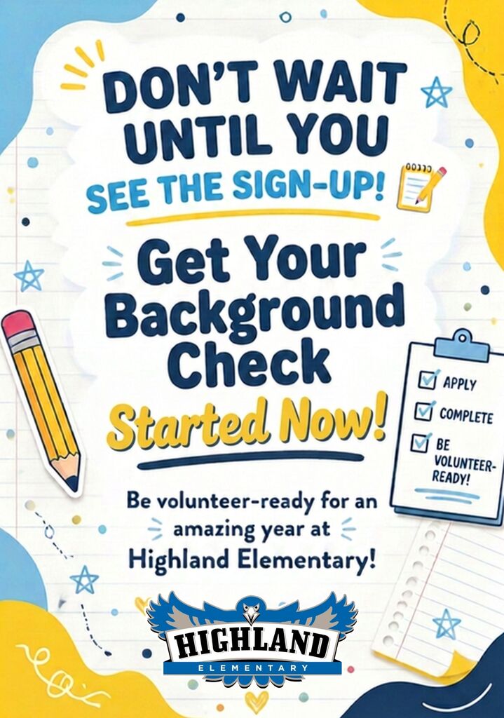 Blue and Yellow text, school supplies, school logo, clipboard