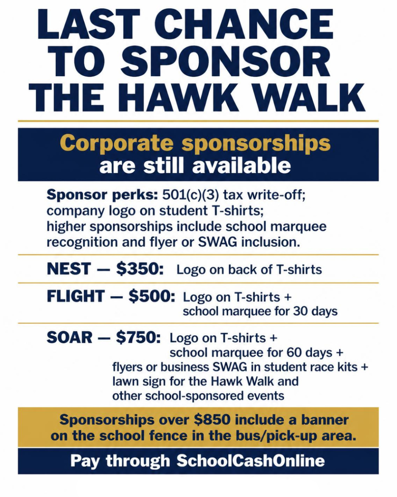 Blue and gold banners with details about hawk walk sponsorships
