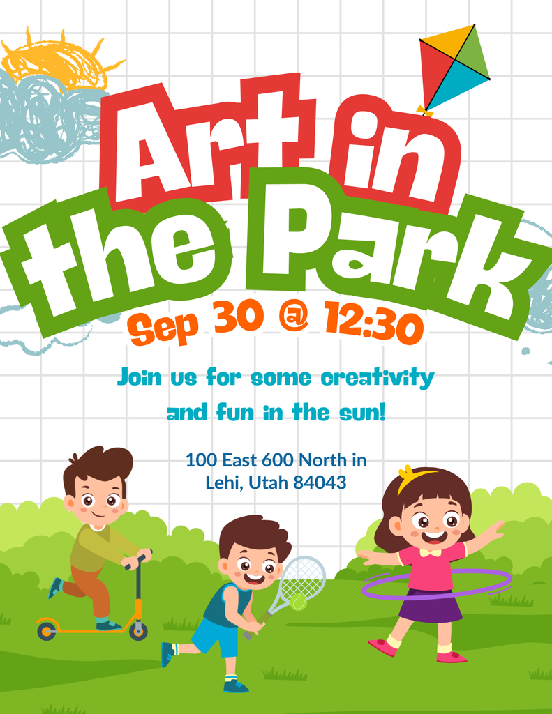 Poster inviting to Art in the Park. Wine's Park in Lehi on Sep 30 12:30.