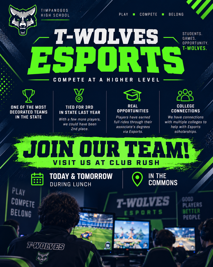 🎮 READY TO COMPETE?  Timpanogos Esports is looking for students who want to represent the T-Wolves and compete at a high level!  🏆 One of the most decorated esports programs in Utah 🥉 Tied for 3rd in State last year 🎓 Former players have earned college esports scholarships, including full rides through their associate’s degrees 🤝 Connections with multiple college esports programs  And we want YOU on the team.  Stop by and talk with us during Club Rush TODAY & TOMORROW at lunch in the Commons to learn more about competing for Timpanogos Esports.  More players. More opportunities. Let’s make a run at State. 🐺🎮  #Timpanogos #TWolves #TimpanogosEsports #Esports #UHSAA #GoTWolves