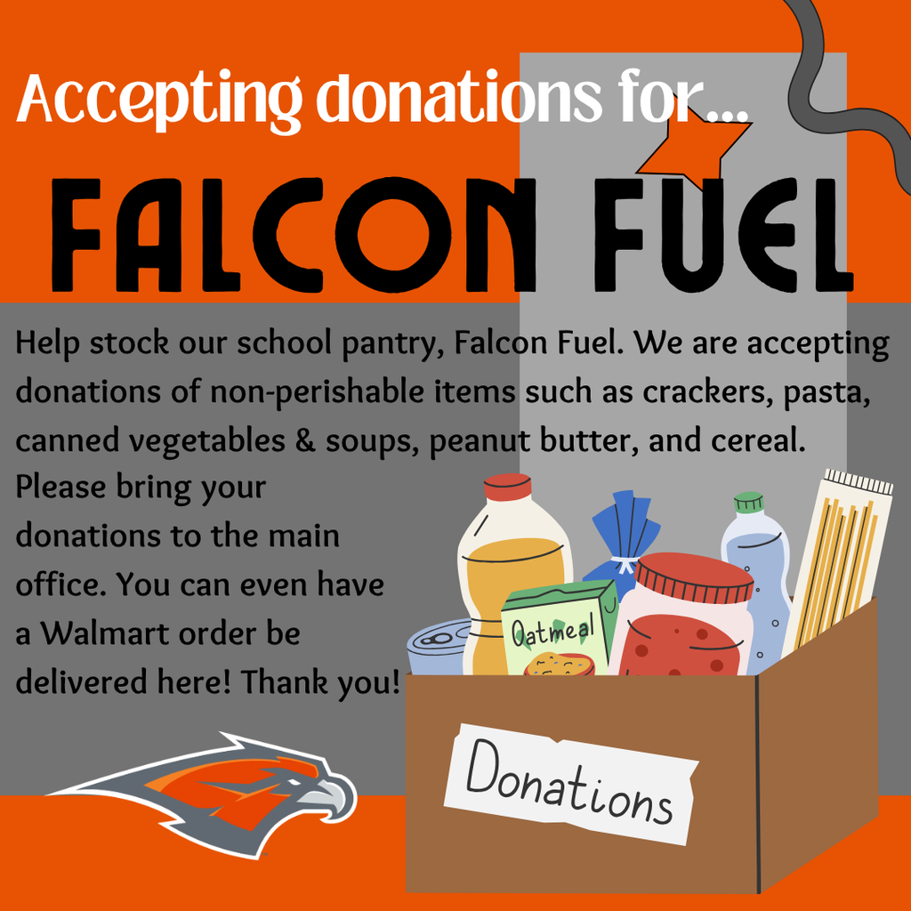 Groceries in a donation box, skyridge falcon head.