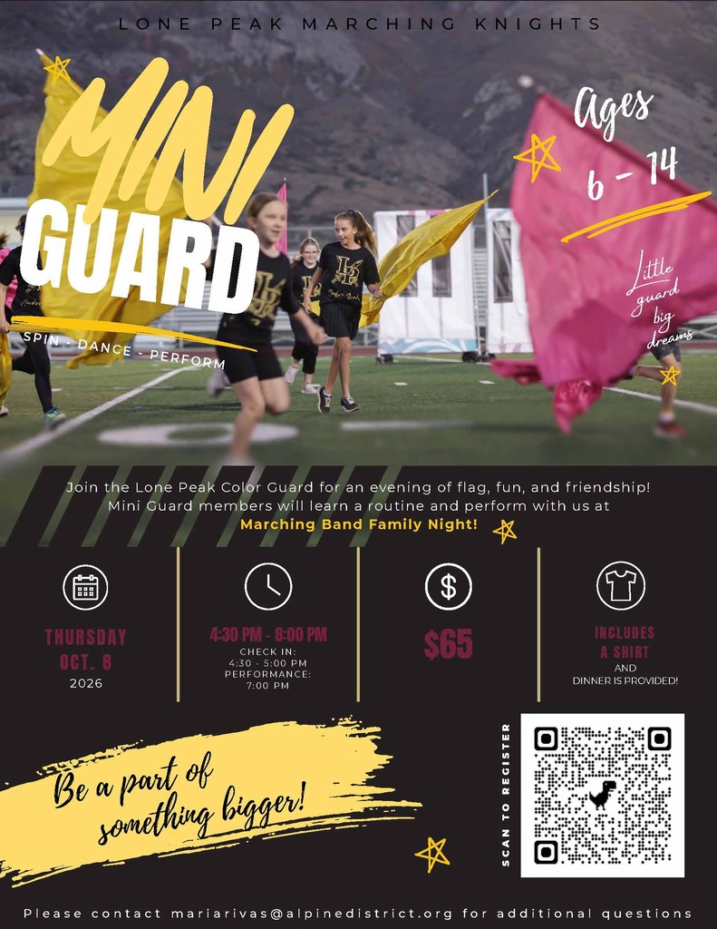 Mini color guard students with flags, qr code, details to participate