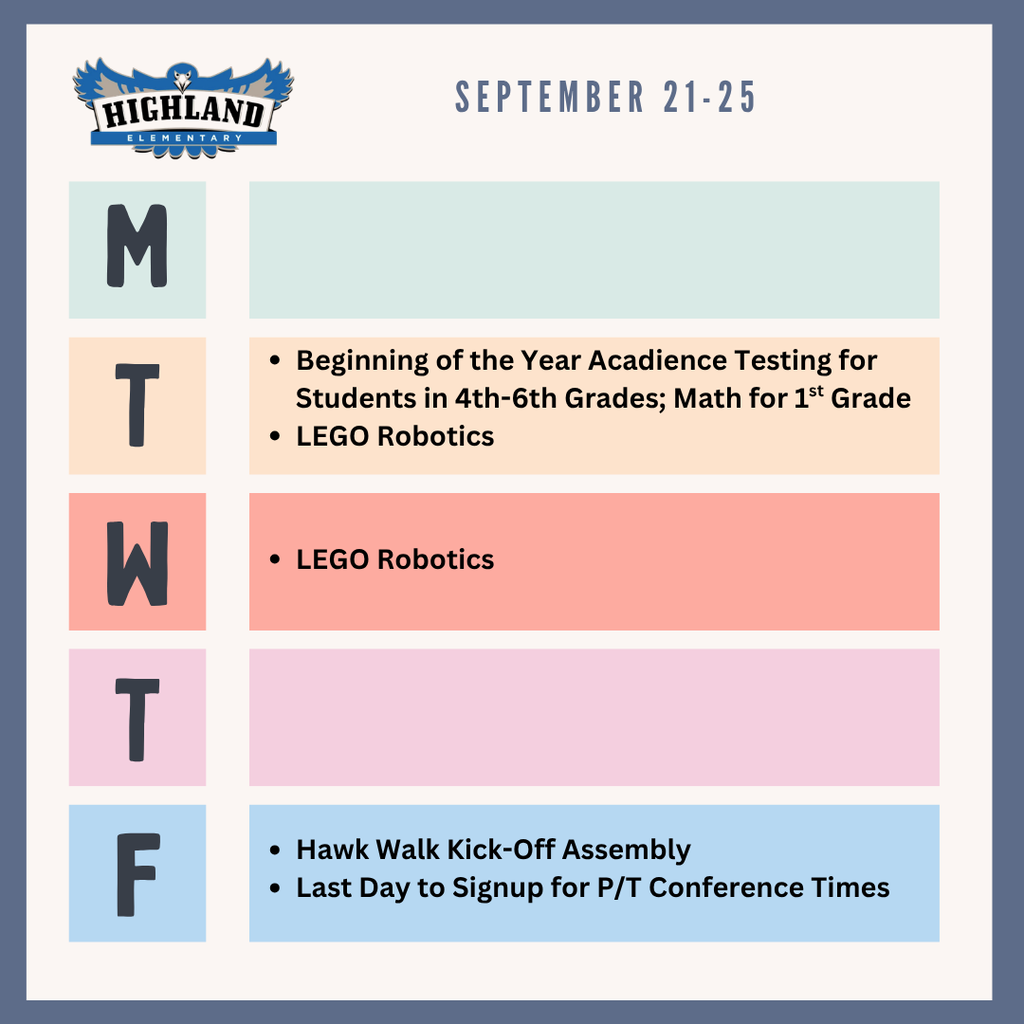 Colorful weekly calendar of events