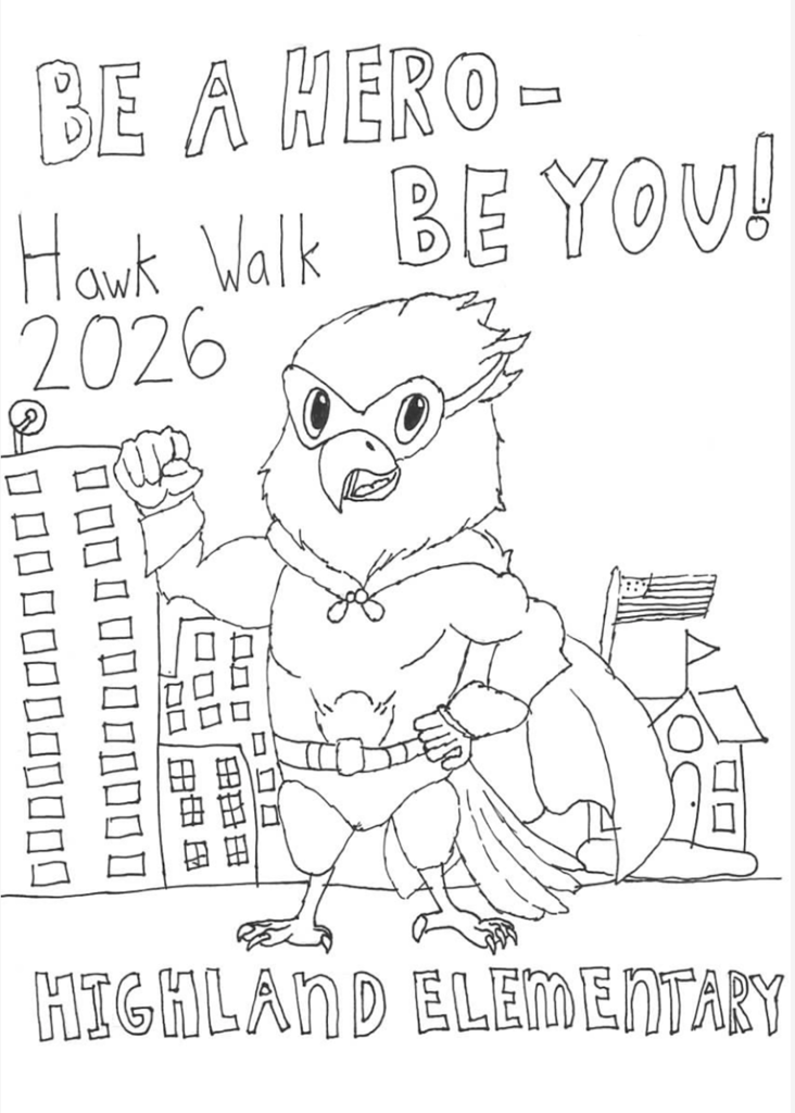 Hero hawk in front of buildings and school