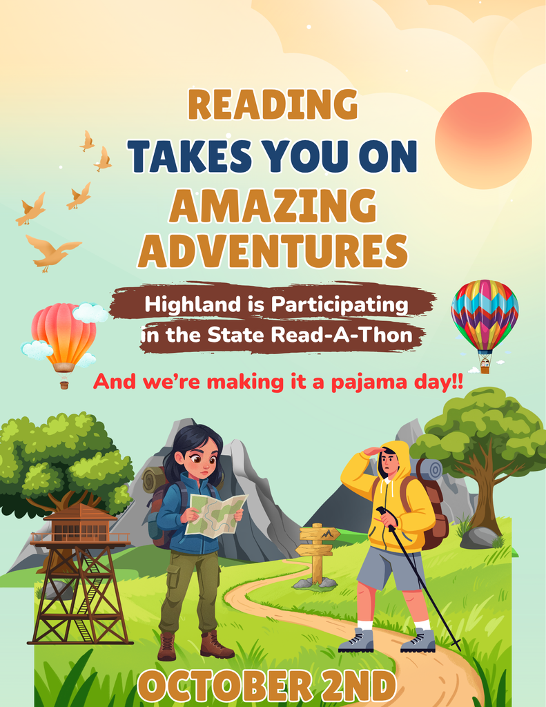 students dressed for adventure with map and camping items, hot air balloons, trees, trail