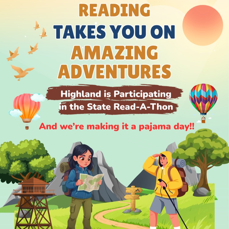 students dressed for adventure with map and camping items, hot air balloons, trees, trail