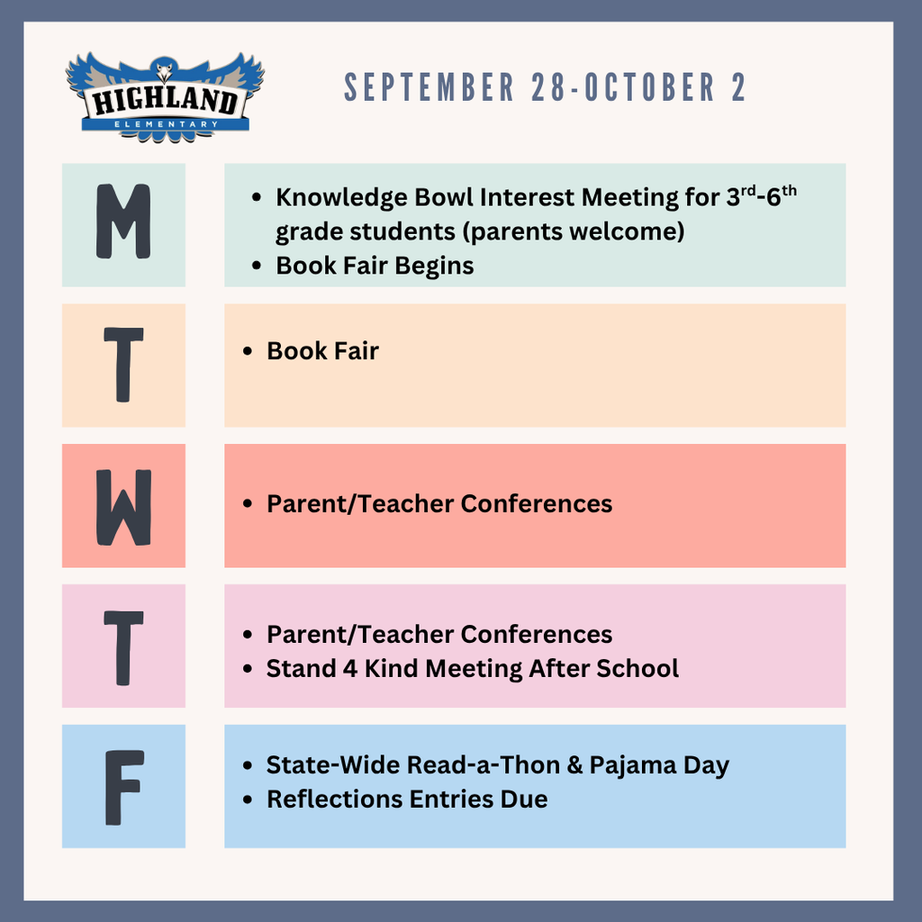 Colorful weekly calendar of events