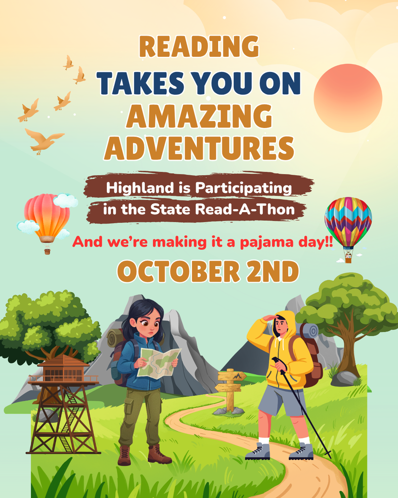 students dressed for reading adventure with trails mountains balloons birds and trees