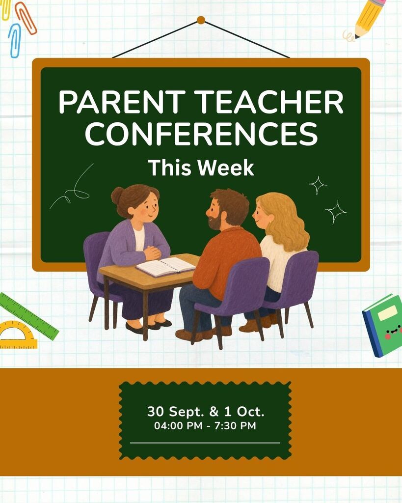 Teacher sitting across the table from parents with parent teacher conferences this week written on a blackboard. The bottom says 30 sept. and 1 oct. 4:00-7:30 PM 