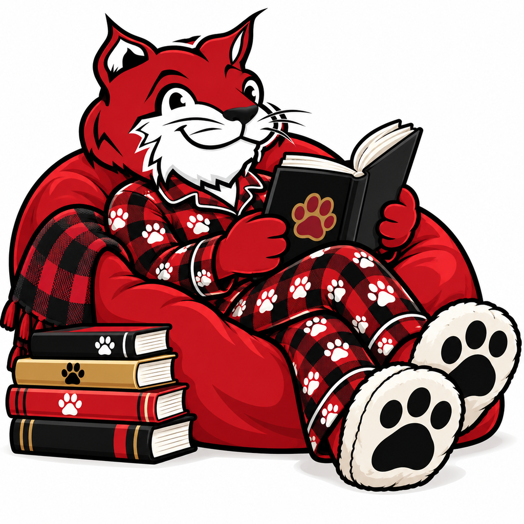 Barry the bobcat sitting and reading