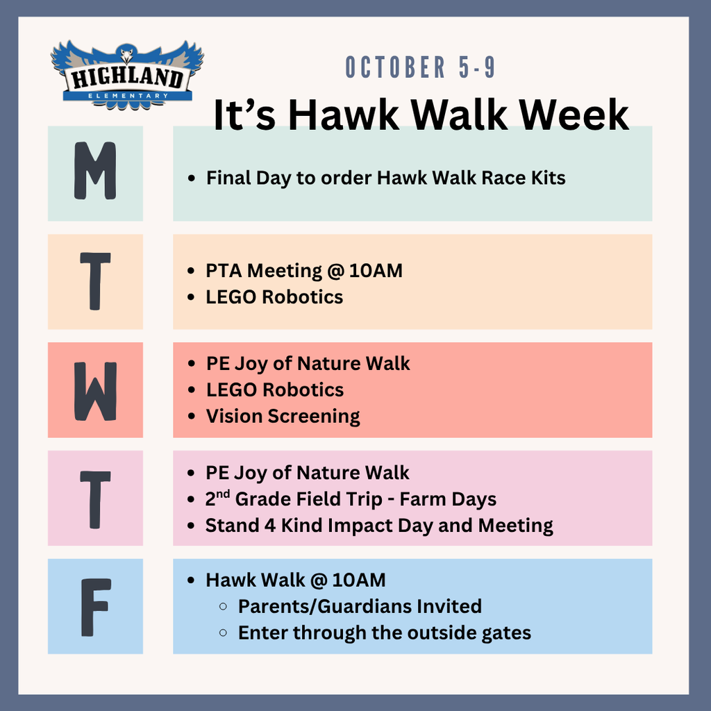 colorful calendar of weekly events