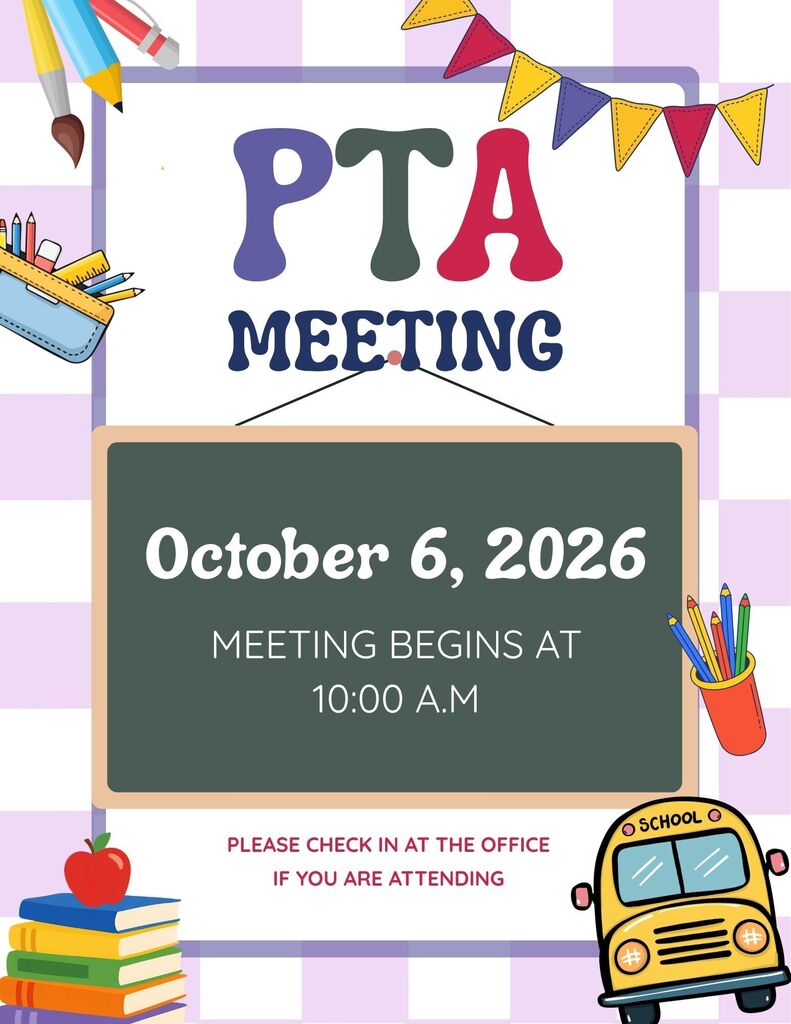 plaid background, school bus and supplies, chalkboard with PTA meeting reminder