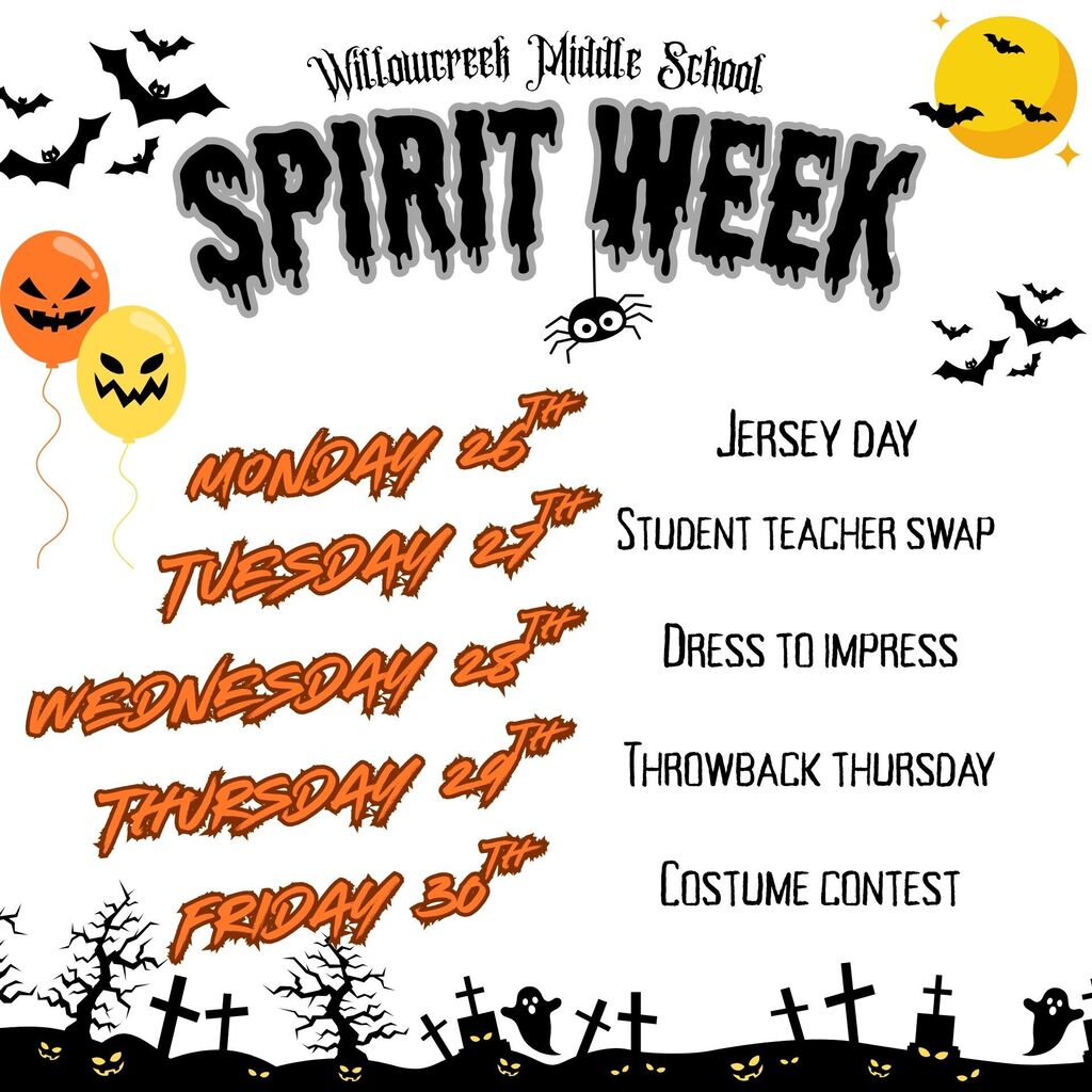 Spirit week flyer for October 26 - October 30