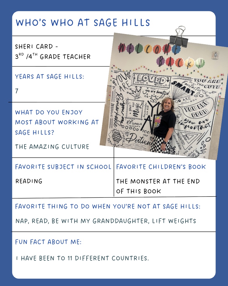 Picture of Sheri Card against a black and white background with "Get to Know You" Information about her included in the image..