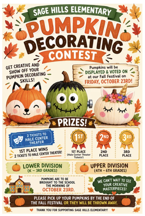 Image of 3 decorated pumpkins with information regarding the PTA's Pumpkin Decorating Contest