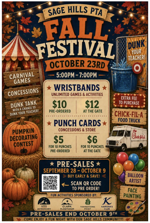 Image of a fall scene with pumpkins, carnival tent, balloons, and dunk tank with information about the Fall Festival