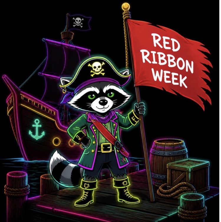 Pirate Raccoon in neon colors standing in front of a neon ship holding a red ribbon week flag